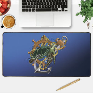 Nautical Sea Turtle Anchor Ship Wheel Blue Desk Mat