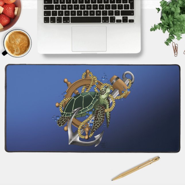 Nautical Sea Turtle Anchor Ship Wheel Blue Desk Mat (Creator Uploaded)