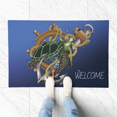 Nautical Sea Turtle Anchor Ship Wheel Blue Doormat