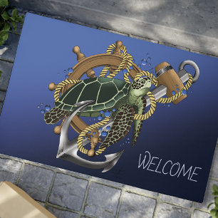 Nautical Sea Turtle Anchor Ship Wheel Blue Doormat