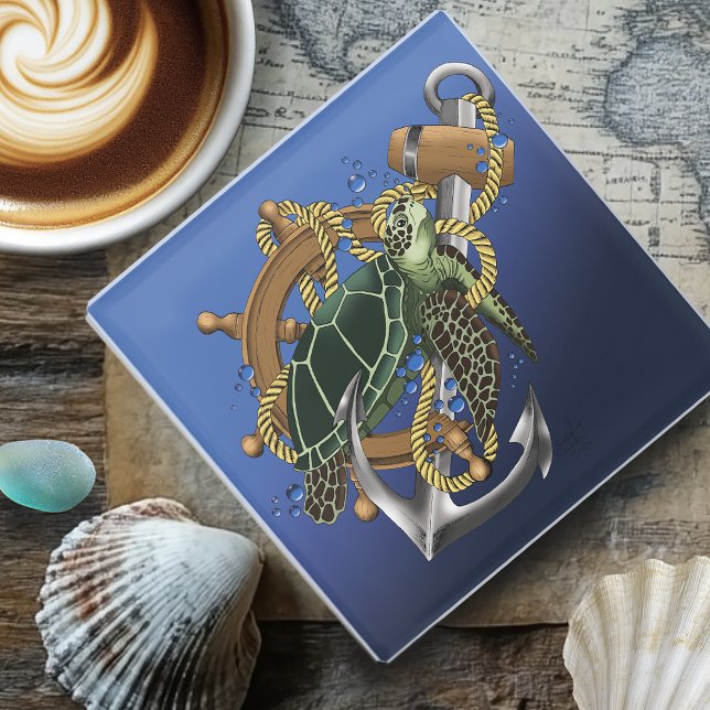 Nautical Sea Turtle Anchor Ship Wheel Blue Glass Coaster (Creator Uploaded)