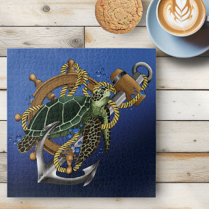 Nautical Sea Turtle Anchor Ship Wheel Blue Jigsaw Puzzle