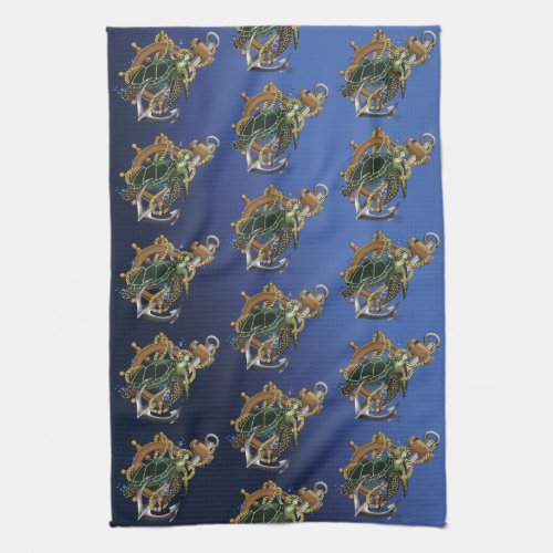 Nautical Sea Turtle Anchor Ship Wheel Blue Kitchen Towel