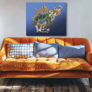 Nautical Sea Turtle Anchor Ship Wheel Blue Metal Print