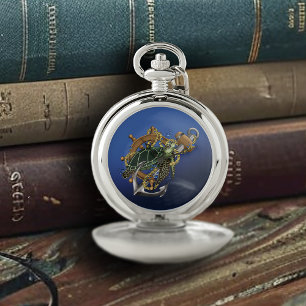 Nautical Sea Turtle Anchor Ship Wheel Blue Pocket Watch