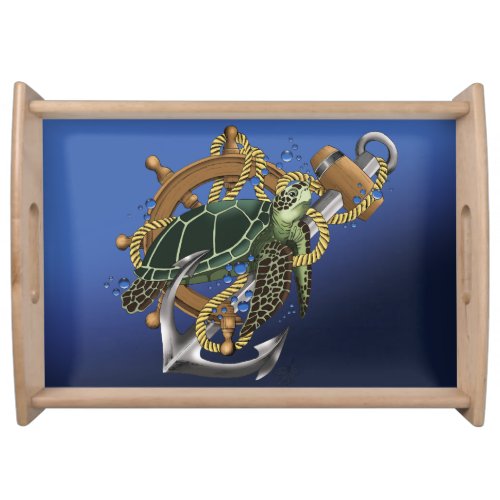 Nautical Sea Turtle Anchor Ship Wheel Blue Serving Tray