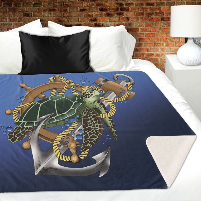 Nautical Sea Turtle Anchor Ship Wheel Blue Sherpa Blanket (Creator Uploaded)