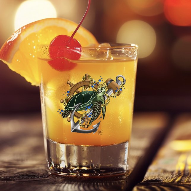 Nautical Sea Turtle Anchor Ship Wheel Blue Shot Glass (Creator Uploaded)