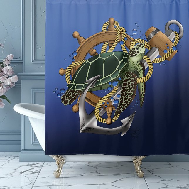 Nautical Sea Turtle Anchor Ship Wheel Blue Shower Curtain (Creator Uploaded)
