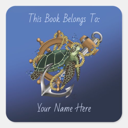 Nautical Sea Turtle Anchor Ship Wheel Blue Square Sticker