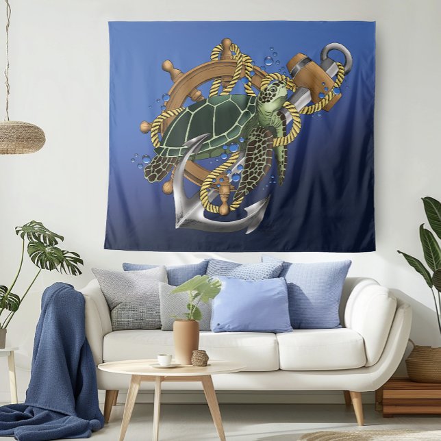 Nautical Sea Turtle Anchor Ship Wheel Blue Tapestry (Creator Uploaded)