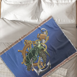 Nautical Sea Turtle Anchor Ship Wheel Blue Throw Blanket