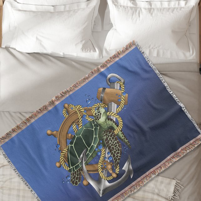 Nautical Sea Turtle Anchor Ship Wheel Blue Throw Blanket (Creator Uploaded)