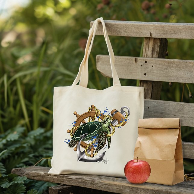 Nautical Sea Turtle Anchor Ship Wheel Blue Tote Bag (Creator Uploaded)