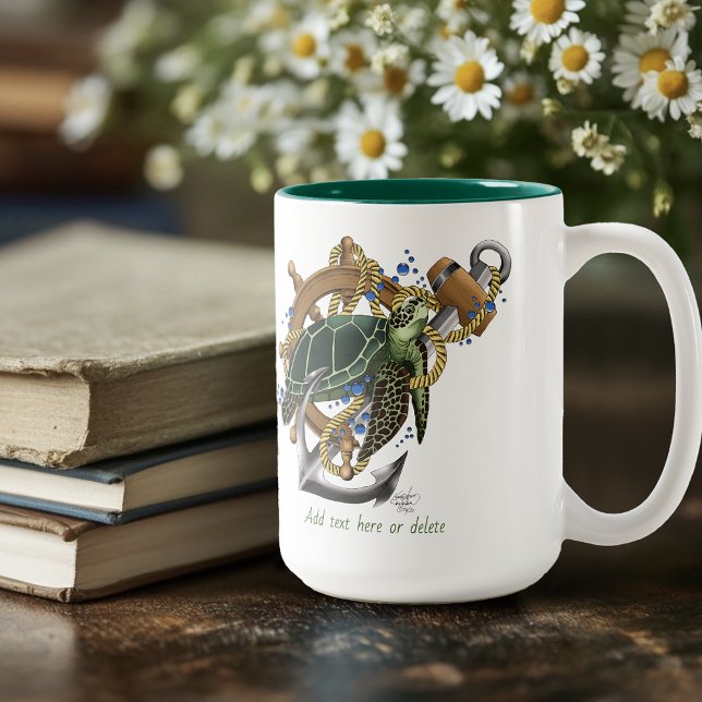 Nautical Sea Turtle Anchor Ship Wheel Blue Two-Tone Coffee Mug (Creator Uploaded)