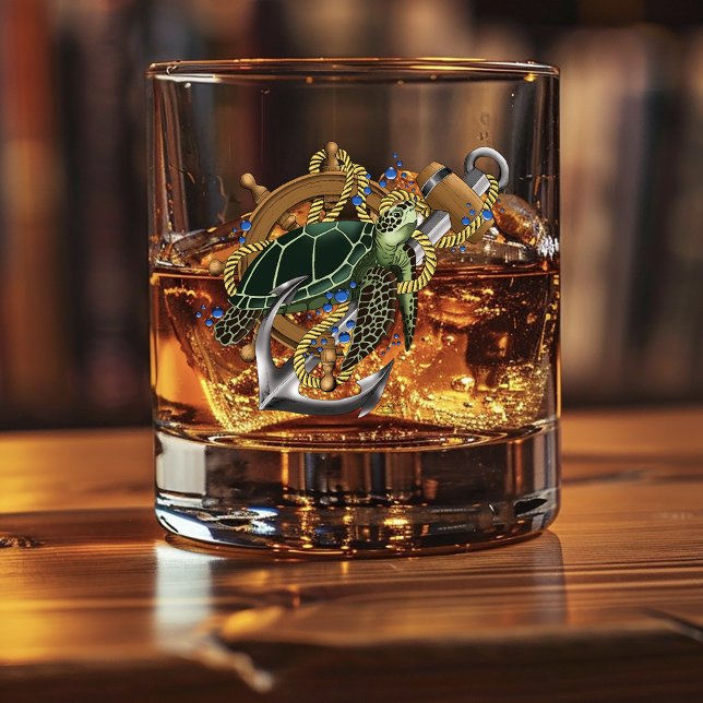 Nautical Sea Turtle Anchor Ship Wheel Blue Whiskey Glass (Creator Uploaded)