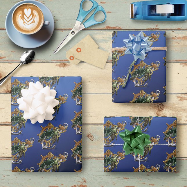 Nautical Sea Turtle Anchor Ship Wheel Blue Wrapping Paper Sheets (Creator Uploaded)