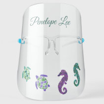 Nautical Sea turtles and Seahorses with Name Face Shield