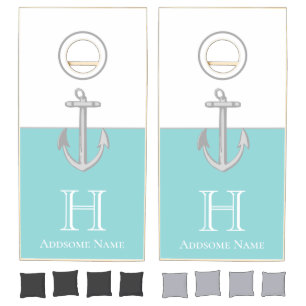 Nautical Seafoam Teal Green blue Anchor Monogram Cornhole Set