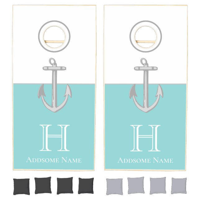 Nautical Seafoam Teal Green blue Anchor Monogram Cornhole Set (Set)