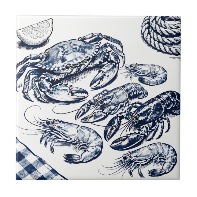 Nautical Seafood Lobster Crab Sketch Ceramic Tile (Front)