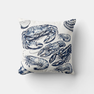 Nautical Seafood Lobster Crab Sketch Throw Pillow