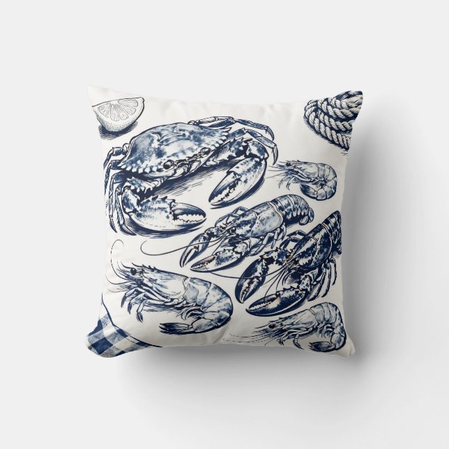 Nautical Seafood Lobster Crab Sketch Throw Pillow (Front)