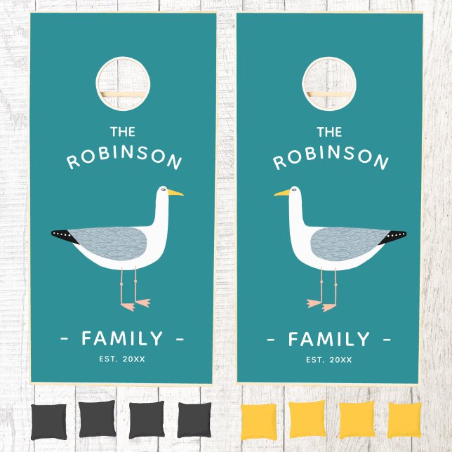 Nautical Seagull Cornhole Set (Seagull personalized family name cornhole set)