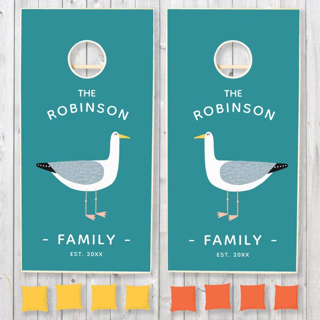 Nautical Seagull Cornhole Set (Seagull personalized family name cornhole set)