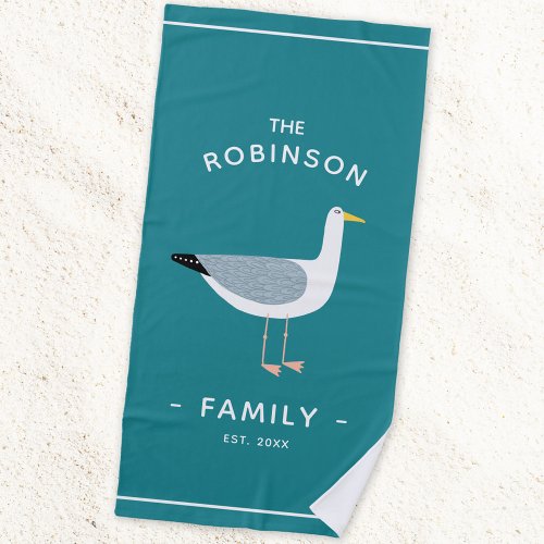 Nautical Seagull Family Name Beach Towel