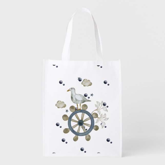Nautical Seagull – Funny Coastal Bird Riding  Grocery Bag (Front)