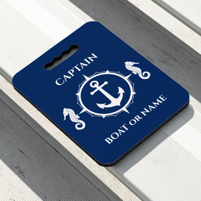 Nautical Seahorse Anchor Captain Boat or Name Blue Seat Cushion (In Situ)