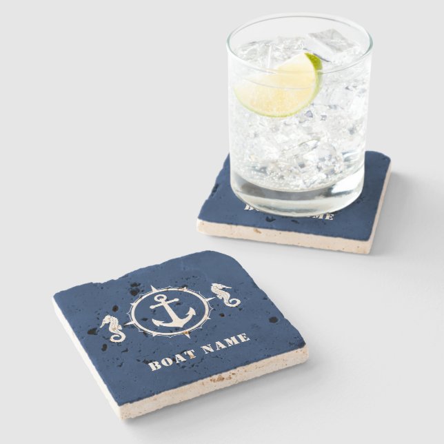 Nautical Seahorse Anchor With Your Boat Name Stone Coaster (Side)