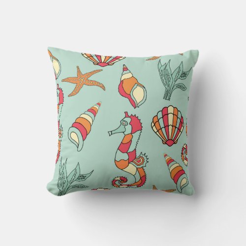 Nautical Seahorse And Seashell Cottage Style Throw Pillow