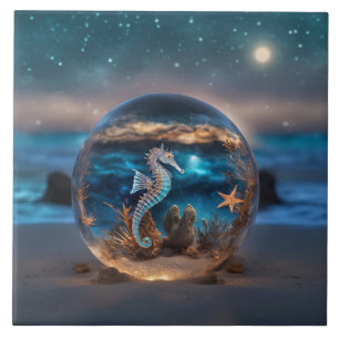 Nautical Seahorse and Starfish Fantasy Beach Ceramic Tile