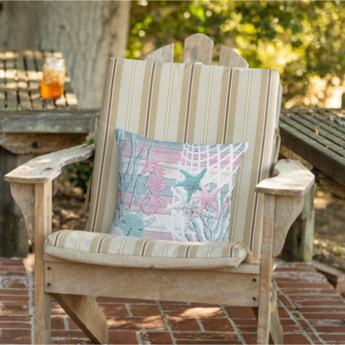 Nautical Seahorse Beach _ Pink Outdoor Pillow