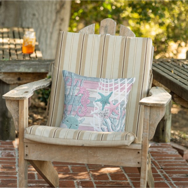 Nautical Seahorse Beach - Pink Outdoor Pillow (Chair)