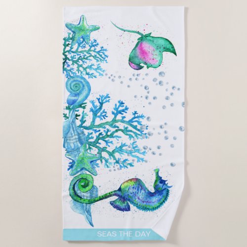 Nautical Seahorse Custom Teal Aqua Blue Marine Bea Beach Towel