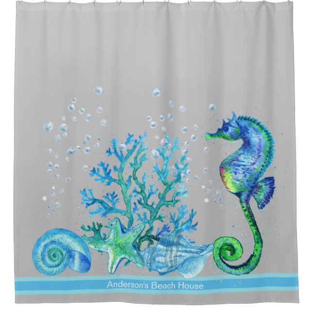 Nautical Seahorse Custom Teal Aqua & Gray Marine Shower Curtain (Front)