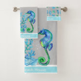Custom Nautical Seahorse Bathroom Sea Blue Bath Towel Set, Zazzle in 2023
