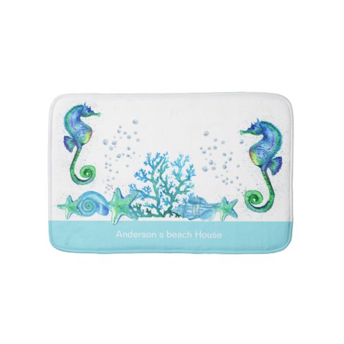 Nautical Seahorse Custom Teal Aqua  White  Bath Mat