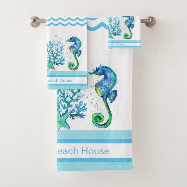 Nautical Seahorse Custom Teal Aqua & White Bath To Bath Towel Set (Insitu)