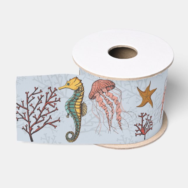 Nautical Seahorse Jellyfish Starfish Coral 3" Grosgrain Ribbon (Spool)