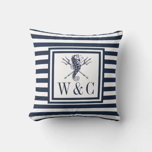 Nautical Seahorse Monogram Navy Blue Striped Throw Pillow