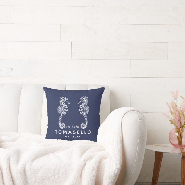 Nautical Seahorse Mr and Mrs Blue Stripe Throw Pillow (Couch)