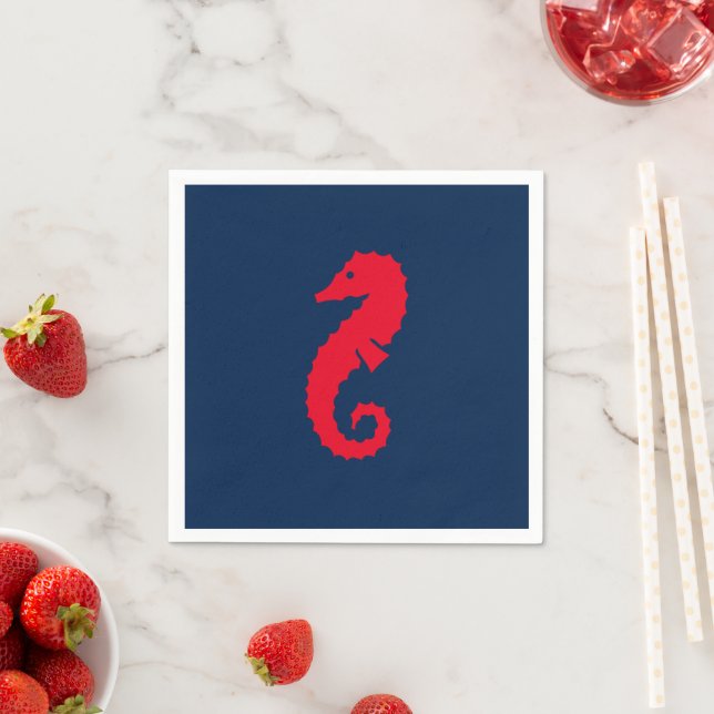 Nautical seahorse navy blue and red paper napkins (Insitu)