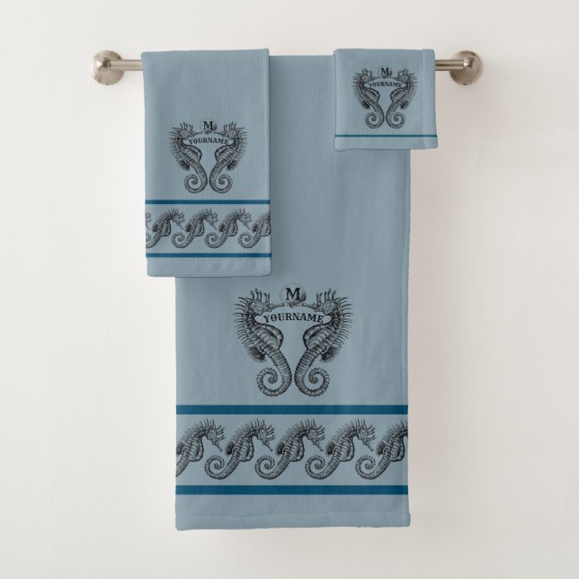 Nautical Seahorse Personalized Template Bath Towel Set (Insitu)