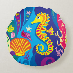 Nautical Seahorse Round Pillow