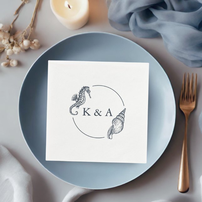 Nautical Seahorse & Sea Shell Wedding Monogram Napkins (Creator Uploaded)
