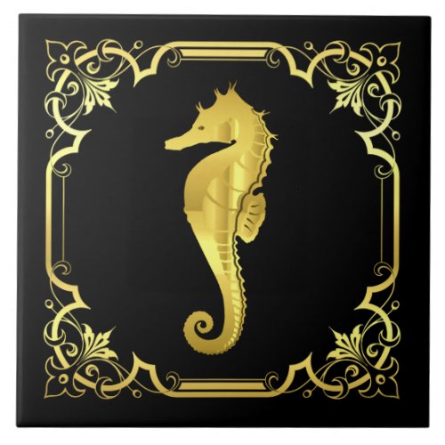 Nautical seahorse silhouettegoldblack ceramic tile